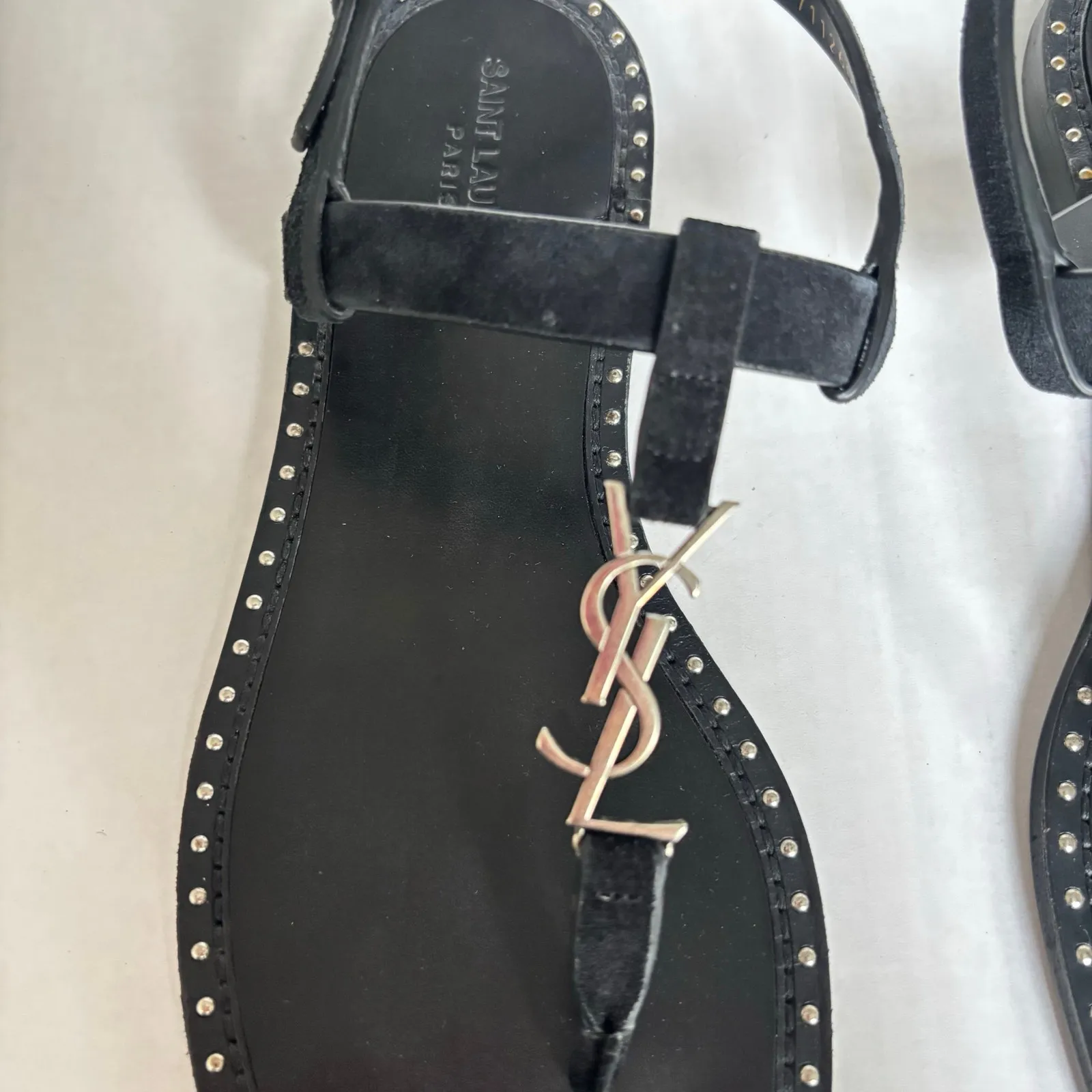 Saint Laurent Cassandra YSL Studded T-Strap Leather Flat Sandals Black Size 42 - Image 5