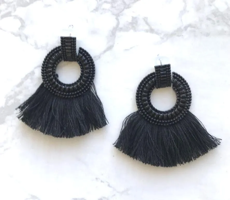 NWT Tassel Decorated Hoop Drop Earrings Black - Image 3