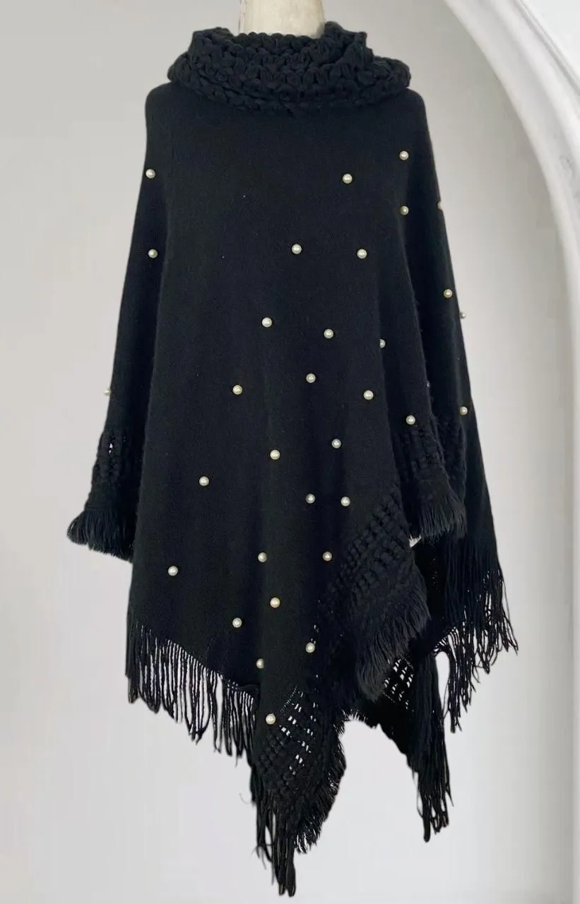 Charlotte Daniel Black Knit Pearl Beaded Knitted Shawl Poncho Top Sweater OS Size undefined - Image 1