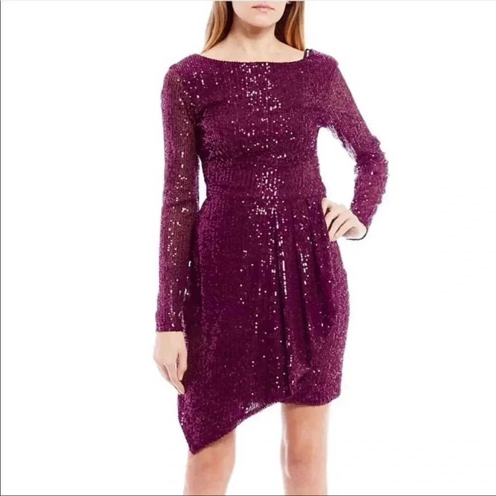 B. Darlin Long-Sleeve Sequin Mesh Asymmetric Faux-Wrap Dress Size 0 NWT - Image 3