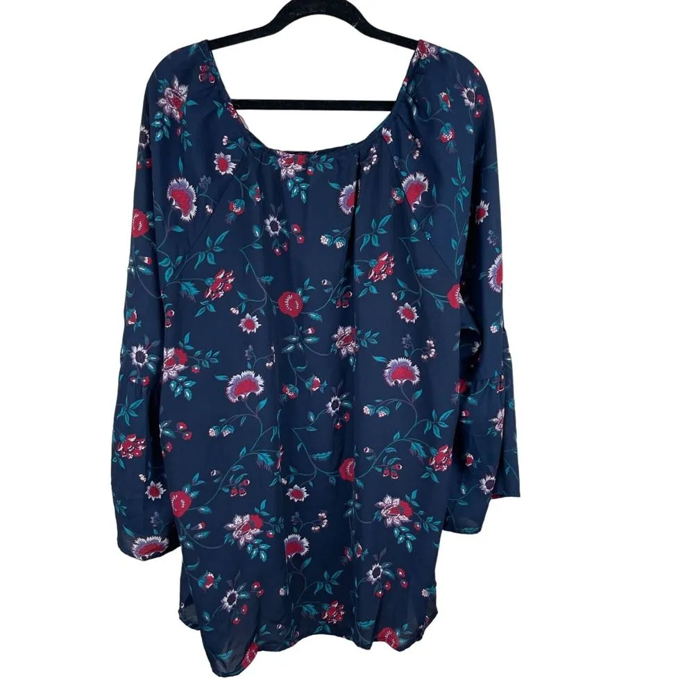 Faded Glory Floral Top Blouse Womens Size 3X Dark Navy Lace Up Bell Sleeve Boho‎ - Image 4