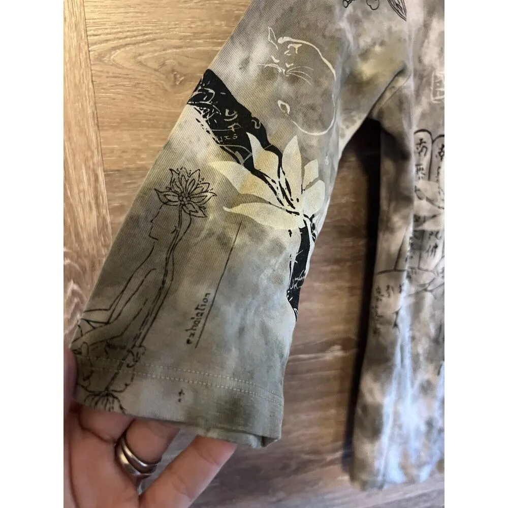 Vintage Y2K Glima 3/4 Sleeve Shirt M Gray Bohemian Tattoo Yoga Japanese Artsy Red Size M - Image 5