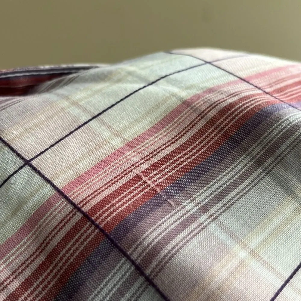 Vintage Shirt Accent Plaid Blouse Pink Gray White Sheer Button Up Top 36 Purple - Image 7