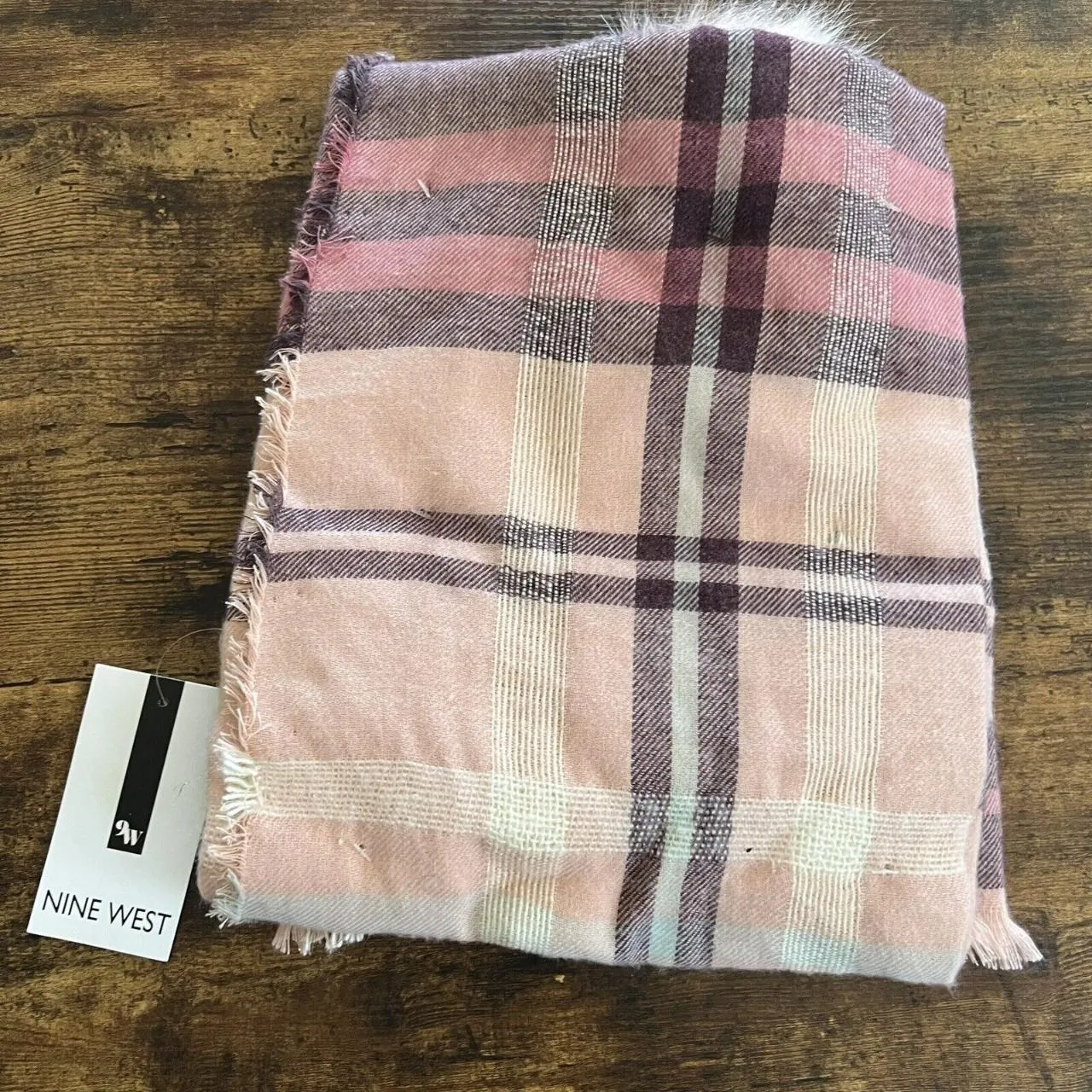 Nine West  Pink Plaid Wrap Scarf And Faux Fur Pom Beanie Set - Image 4