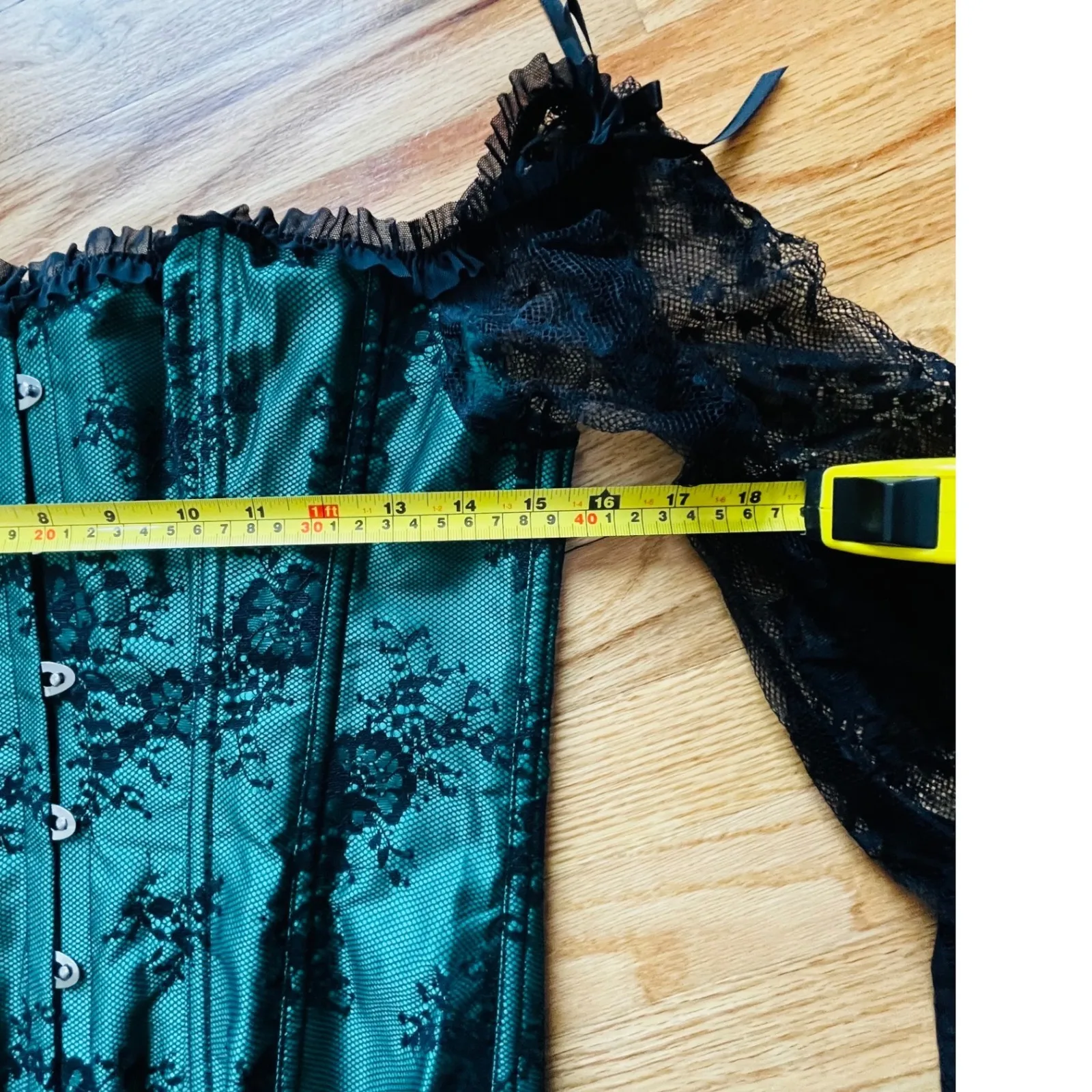 Off Shoulder Lace Corset Top Emerald Green Black Bell Sleeve Boned Bustier Size L - Image 5