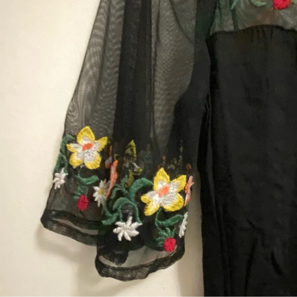 True Destiny Womens Black Mini Dress M 36” Embroidered Floral Flowers Embroidery - Image 2