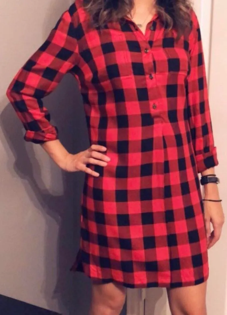 Red Plaid Flannel Shirt Dress - Image 2