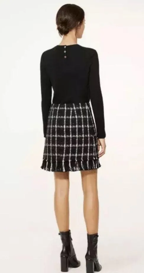 Tory Burch Marisol Mini Tweed Skirt Holiday Black Stitch Plaid Fringe 8 Fall - Image 2