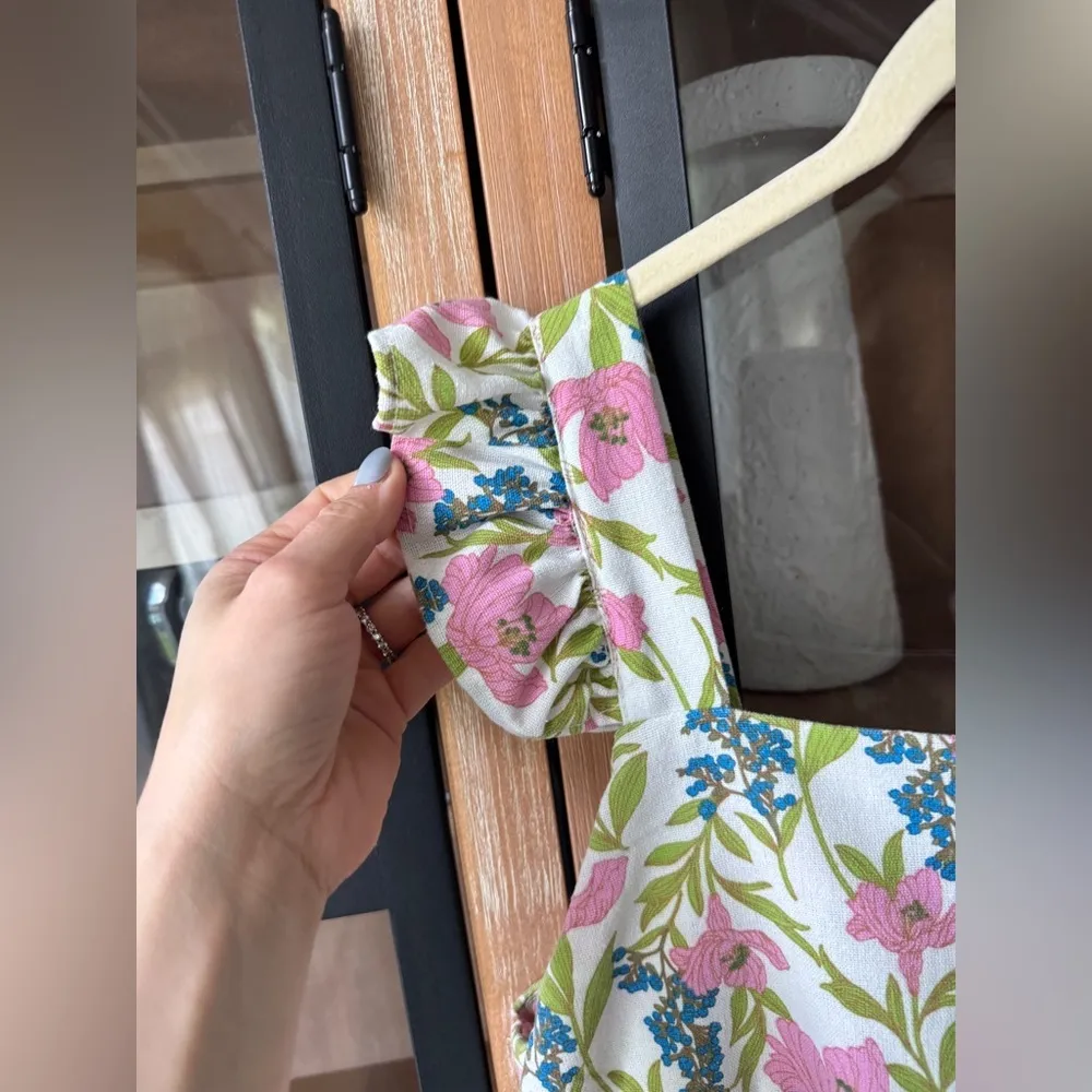 Linen floral block print babydoll mini dress ruffle pyjama square neck flutter - Image 10