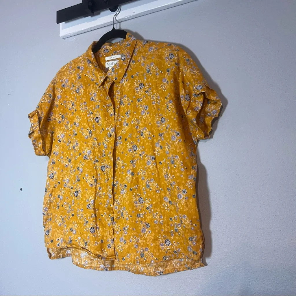 Rachel Zoe Button Up Blouse Short Sleeve Mustard Yellow Floral Linen Size Small - Image 3