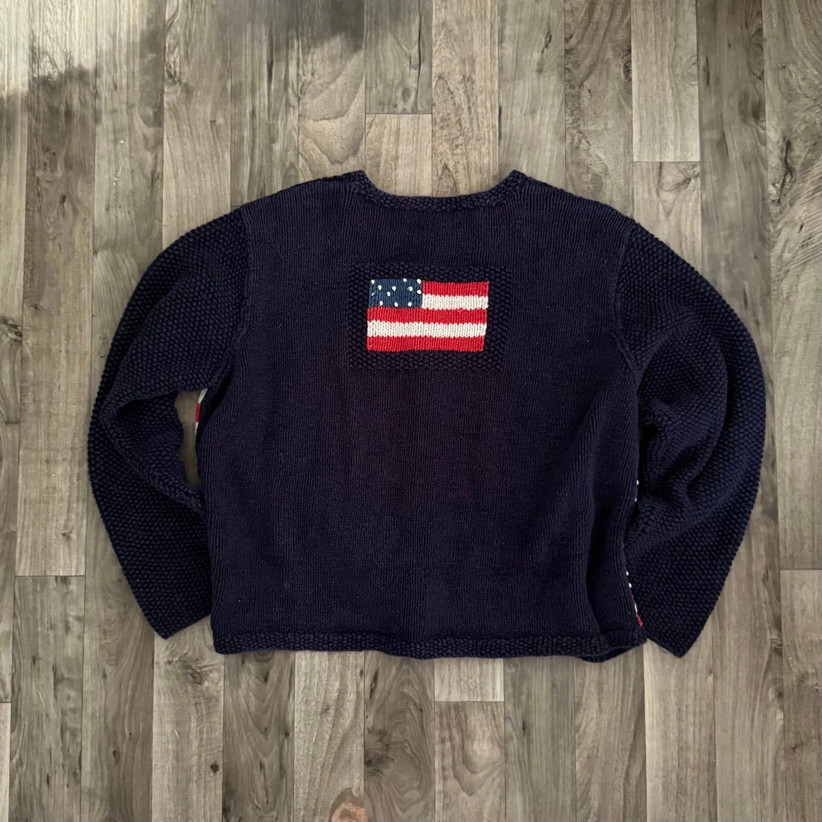 Vintage retro navy blue American flag handknitted sweater cardigan linen cotton Size L - Image 6