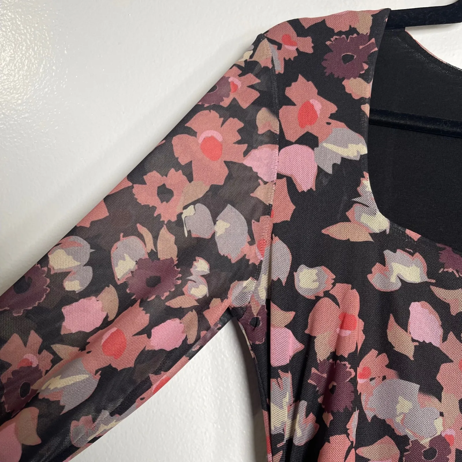 DESIGUAL Ruched Mini Dress Large Black Pink Floral Mesh Square Neck Party Garden - Image 3