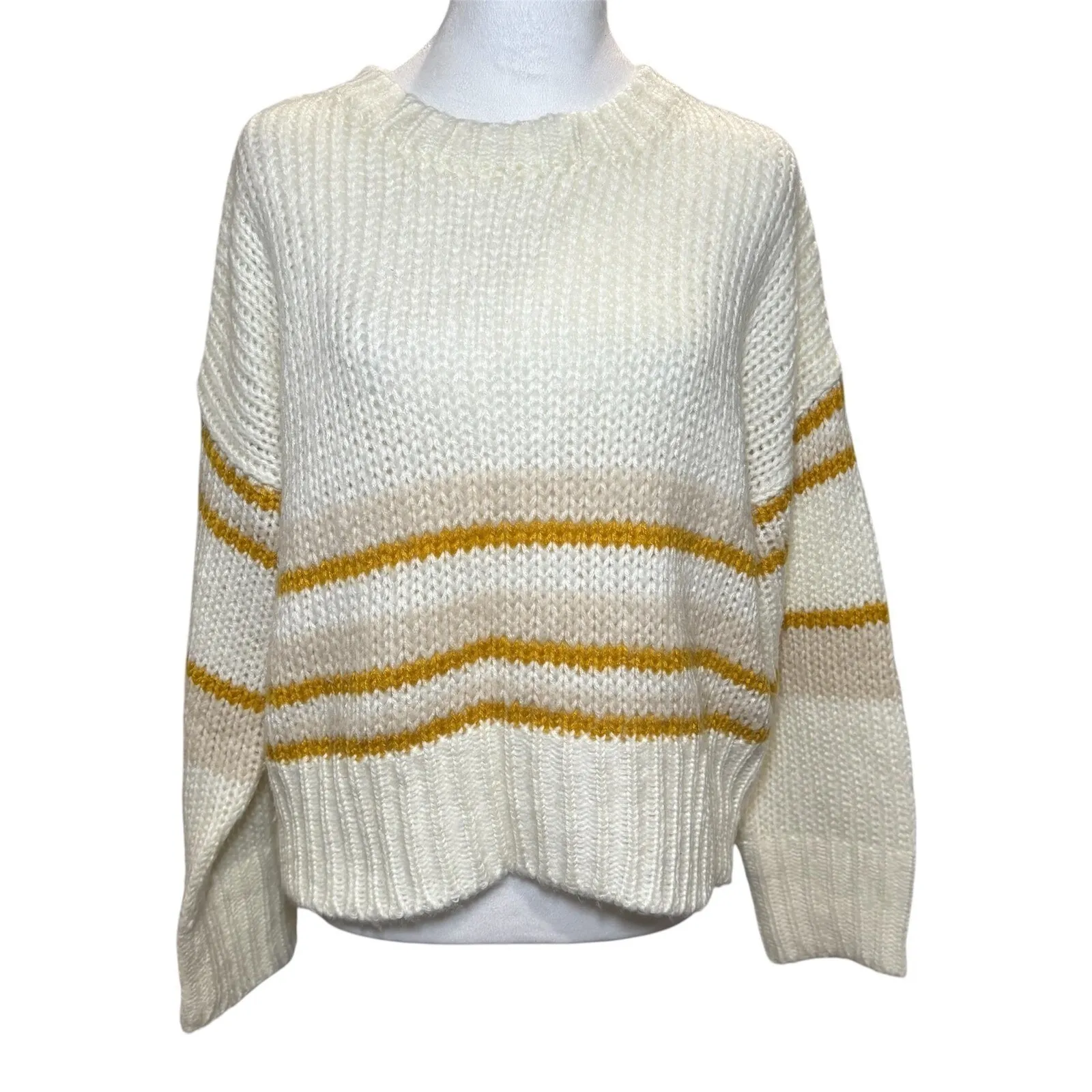 Leche Cream Gold‎ Striped Loose Knit Long Sleeve Sweater L Large Soft Preppy Tan - Image 2