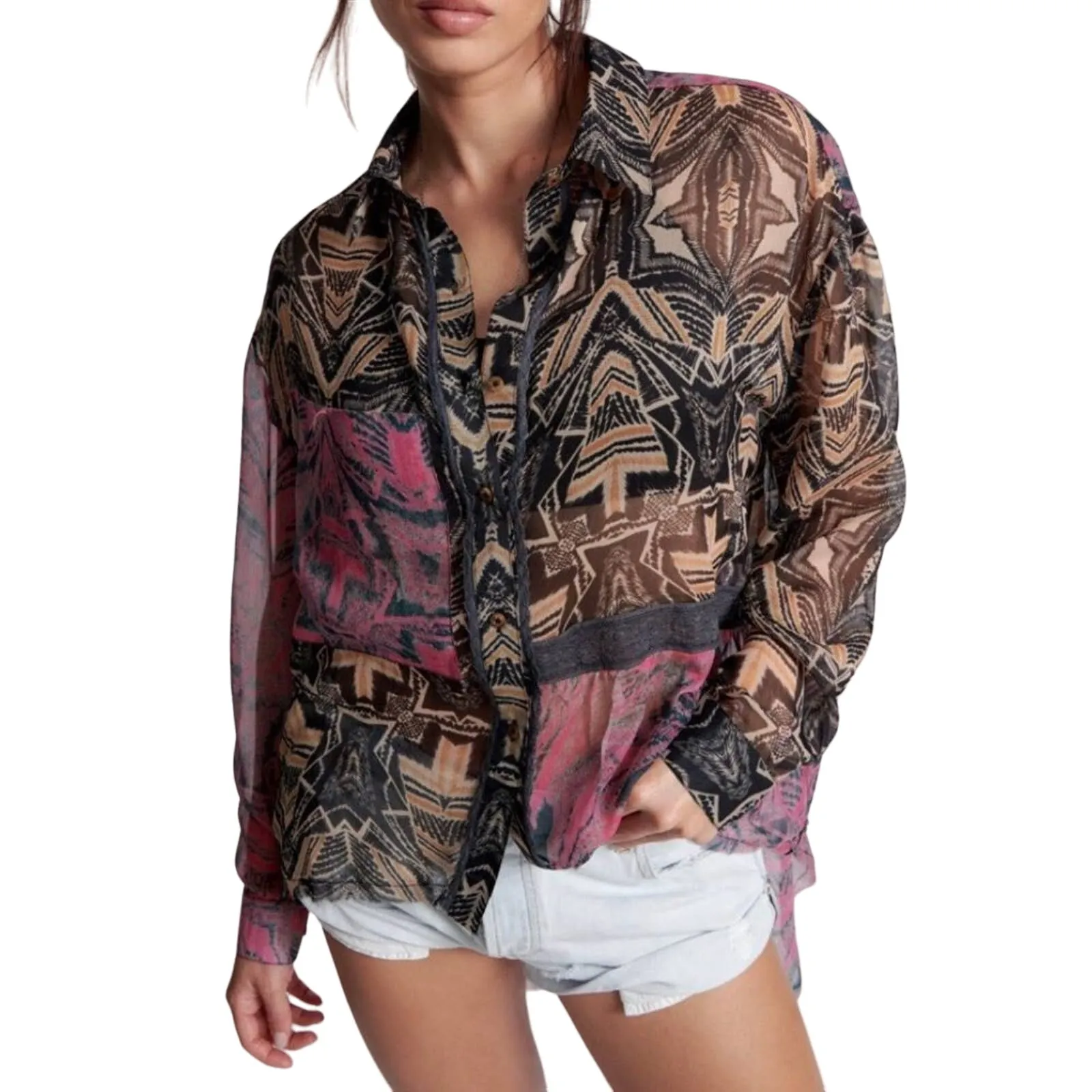 ONE TEASPOON Retro Airy Chiffon Hi Low Top XS Oversize Contemporary Preppy Boho - Image 2