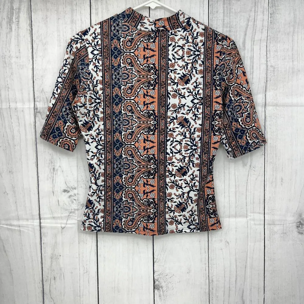 Y2K VINTAGE Beware LARGE White Orange Floral Microfiber Crop Mock Neck Top Shirt - Image 2