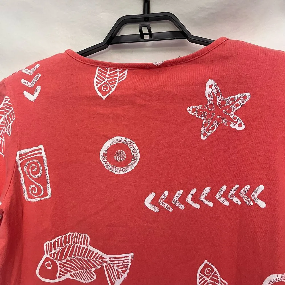 COPA CABANA 3/4 Sleeve Fish Print Womens Top Size Large Coral Orange Beachy USA - Image 6