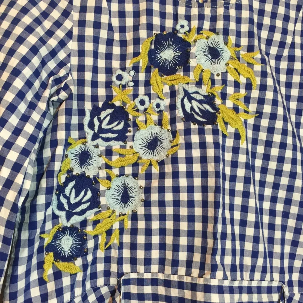 Zara Blue Gingham Floral Embroidered Tie Blouse - Image 5