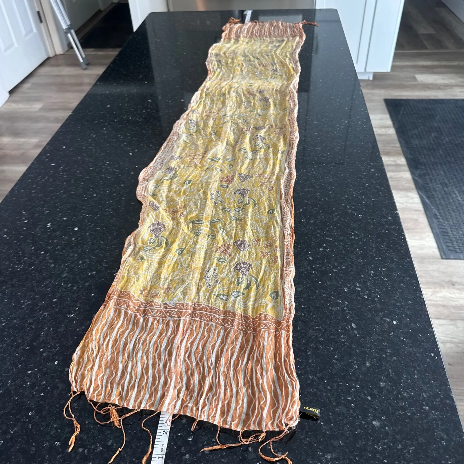 Batik Keris Silk Yellow Floral Print Lightweight Fringed Scarf - Image 3