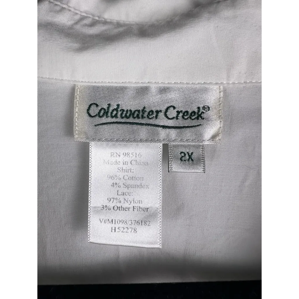 Coldwater Creek Women’s 2X White Zip Front Lace Trim Shirt Blouse Cotton Blend - Image 2