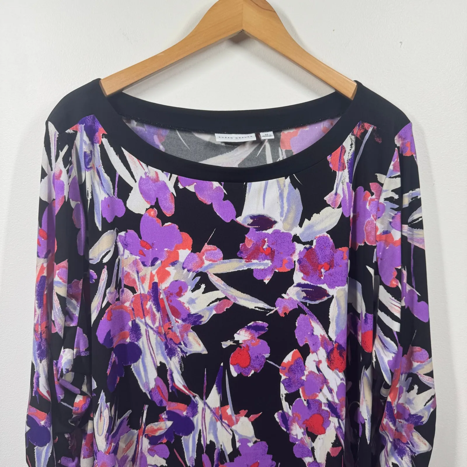 Susan Graver Shirt Women Purple Black 2X Plus Size Floral Asymmetrical Hem - Image 2