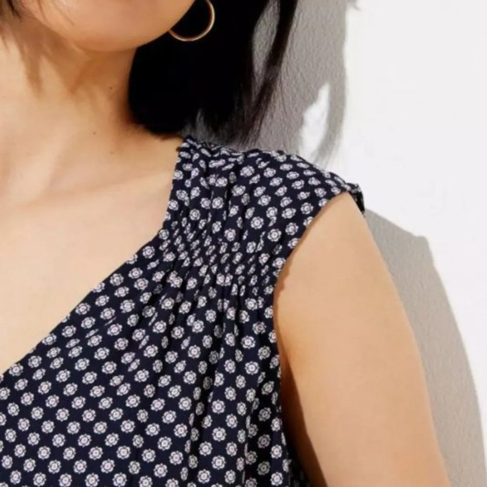 LOFT Foulard Bloom Smocked Trim Printed Flowy V-Neck Blouse Top Shirt Small - Image 3