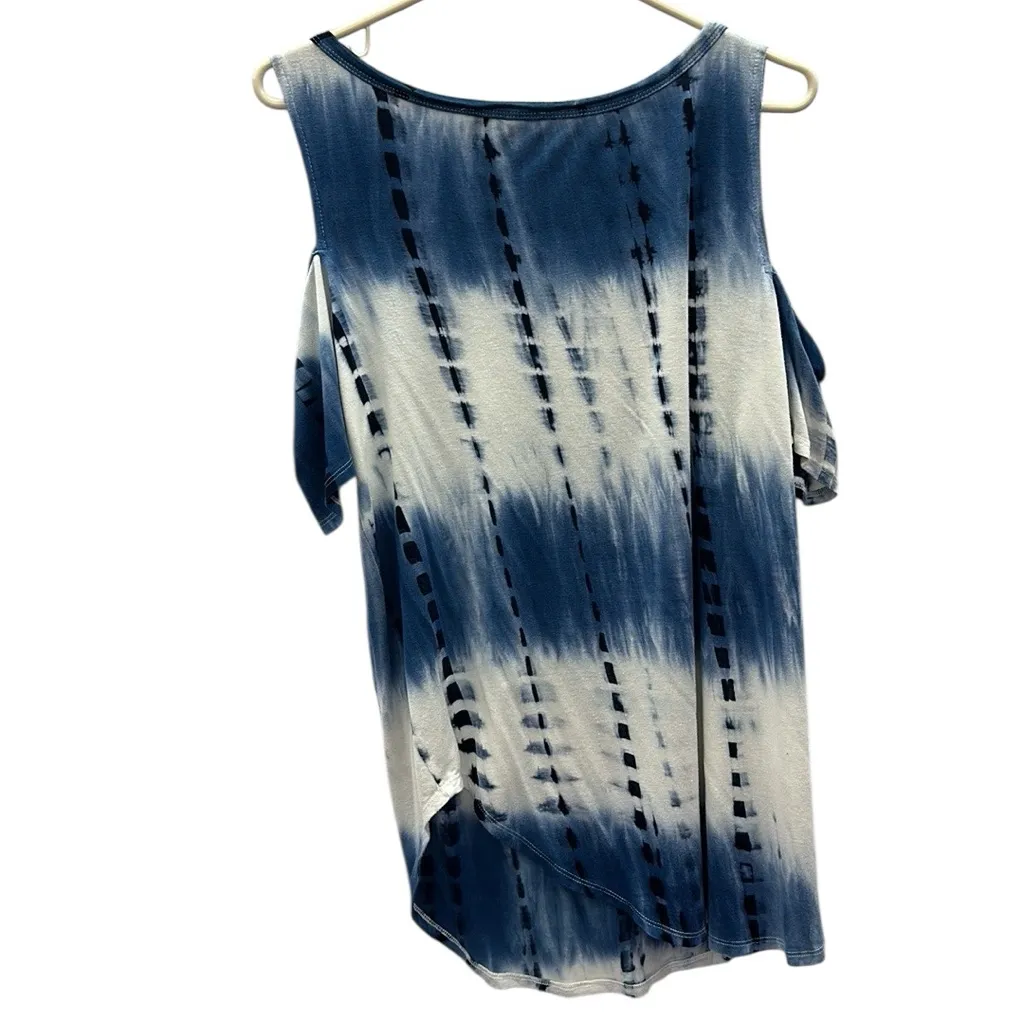 Rain Tie Dye Blue White Studded Asymmetrical Hem Cold Shoulder Tunic Top Size L Size L - Image 12