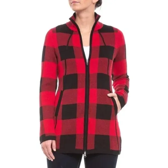 Adrienne Vittadini Buffalo Check Mock Neck Tunic Cardigan Sweater Red Black - Image 2
