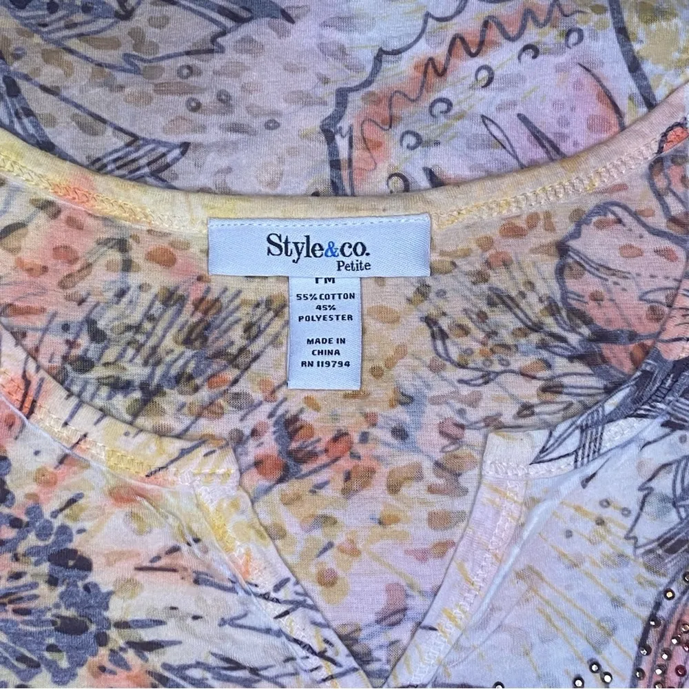 Style & Co Butterfly Floral Burn Out T Shirt Embellished Medium Petite - Image 8