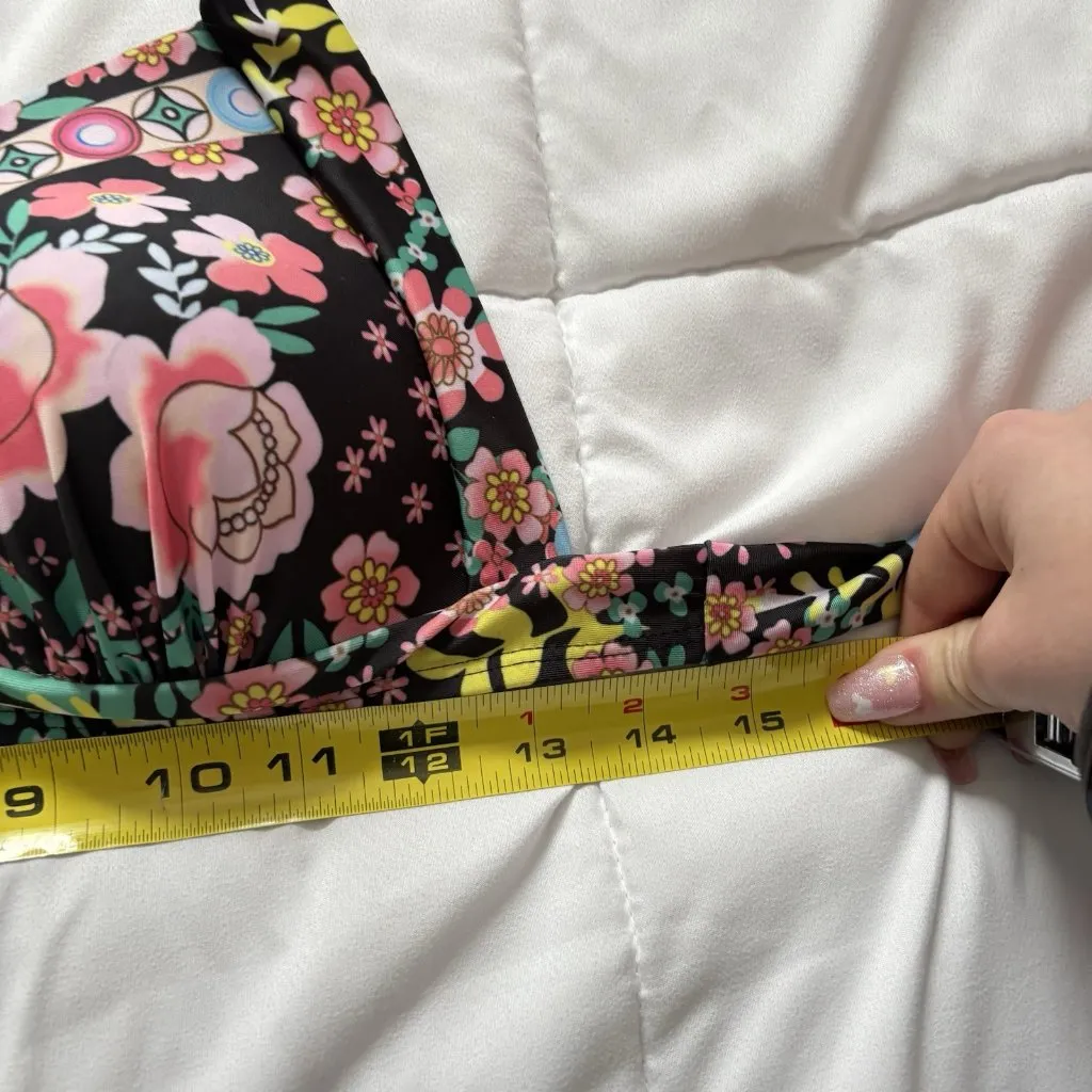 Womens Size Medium Pink Black Floral Swimsuit Bikini Top Halter Beach Summer - Image 3