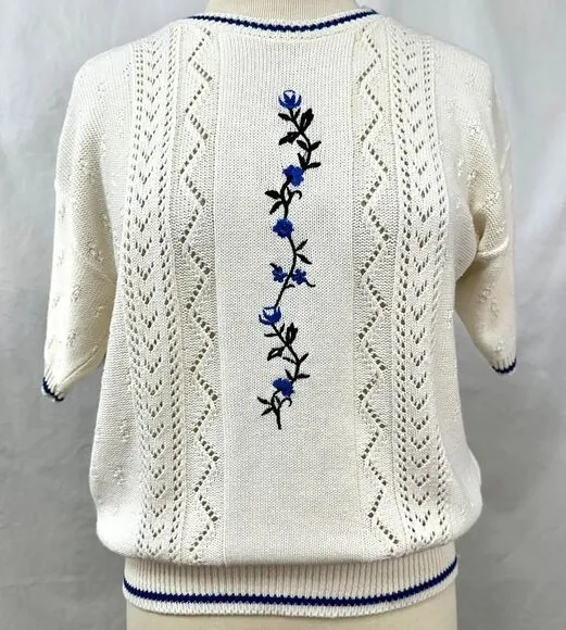 CAPE COD SPORTSWEAR 80s Vintage Cream Blue Floral Embroidered Knit Sweater Sz M Size M - Image 1