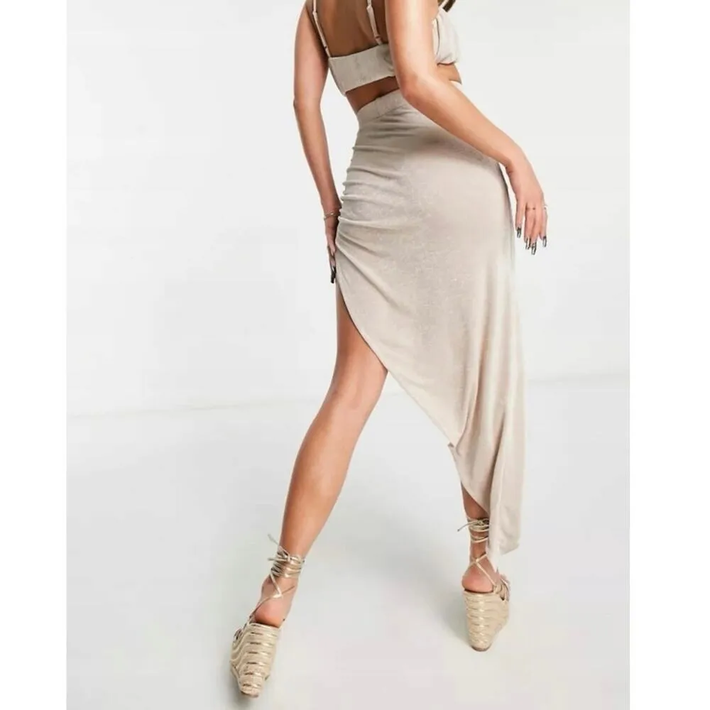 Asos Tan Brown 2 Piece Ruched Summer Beach Crop Top & Midi Slit Skirt Set Size 4 - Image 2