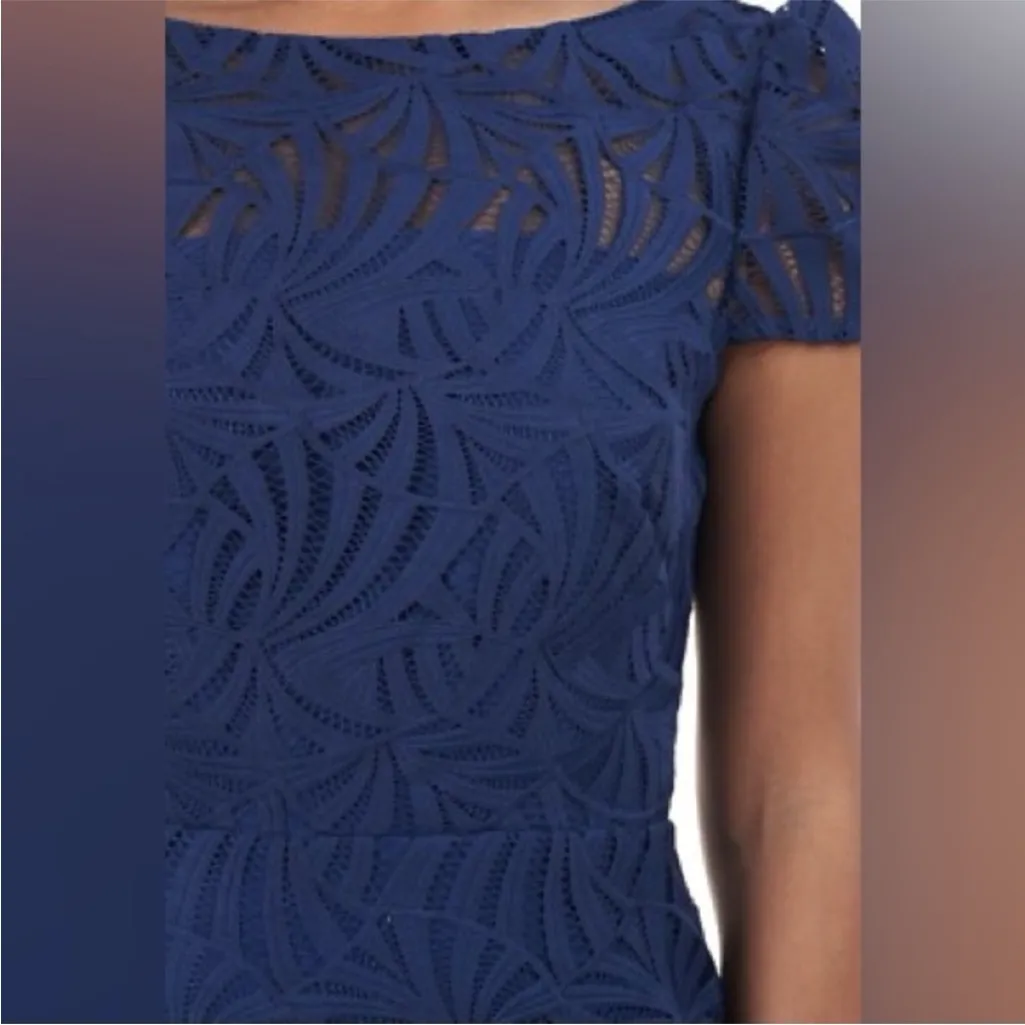 $328 Kay Unger Women's Blue Puff-Sleeve Sheath Zelda Lace Midi Dress Size 2 - Image 6