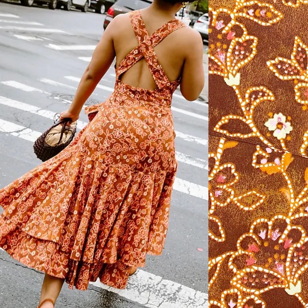 J. Crew Cross-Back Ruffle Hem Cotton Midi Dress: Vintage Vines Burnished Pecan - Image 3