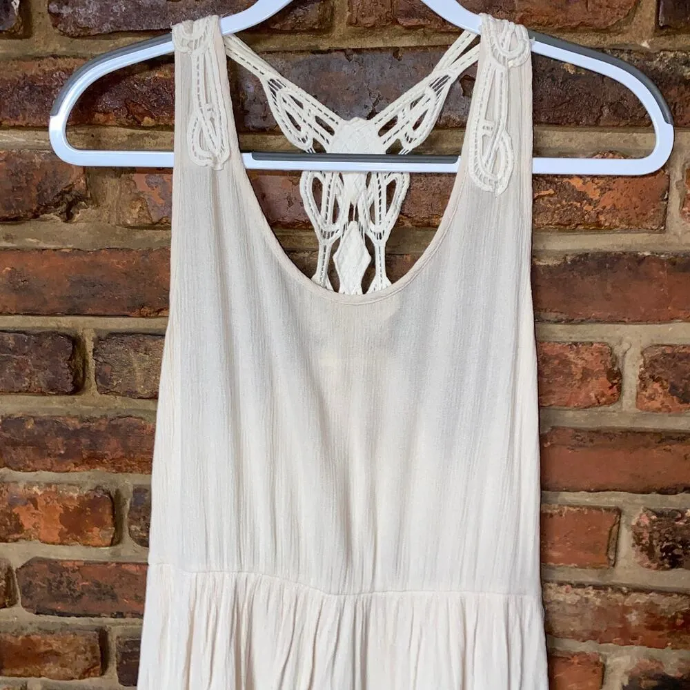 Ezra Cream Beige Gauze Lace Crochet Racerback Mini Dress Women's Size Small - Image 2