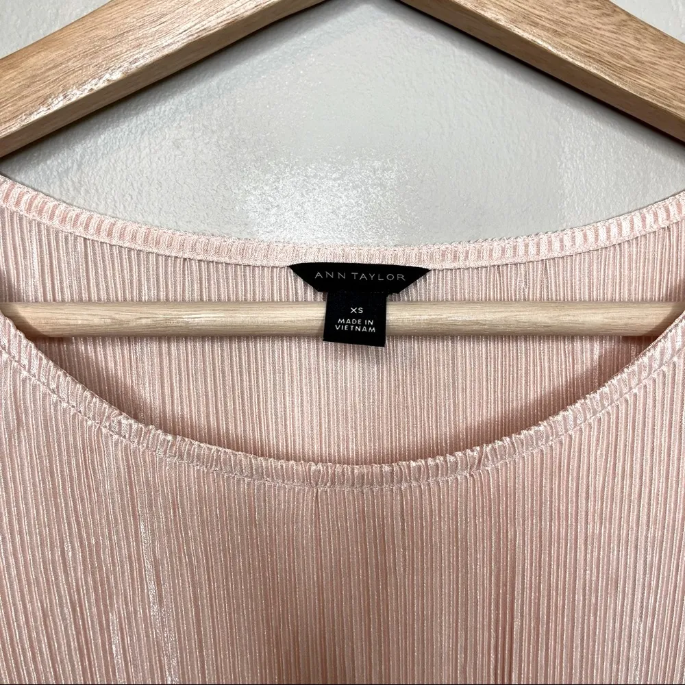 Vintage ANN TAYLOR Blush Peach Pink Crinkle Shimmering Pleated Top Blouse - Image 4