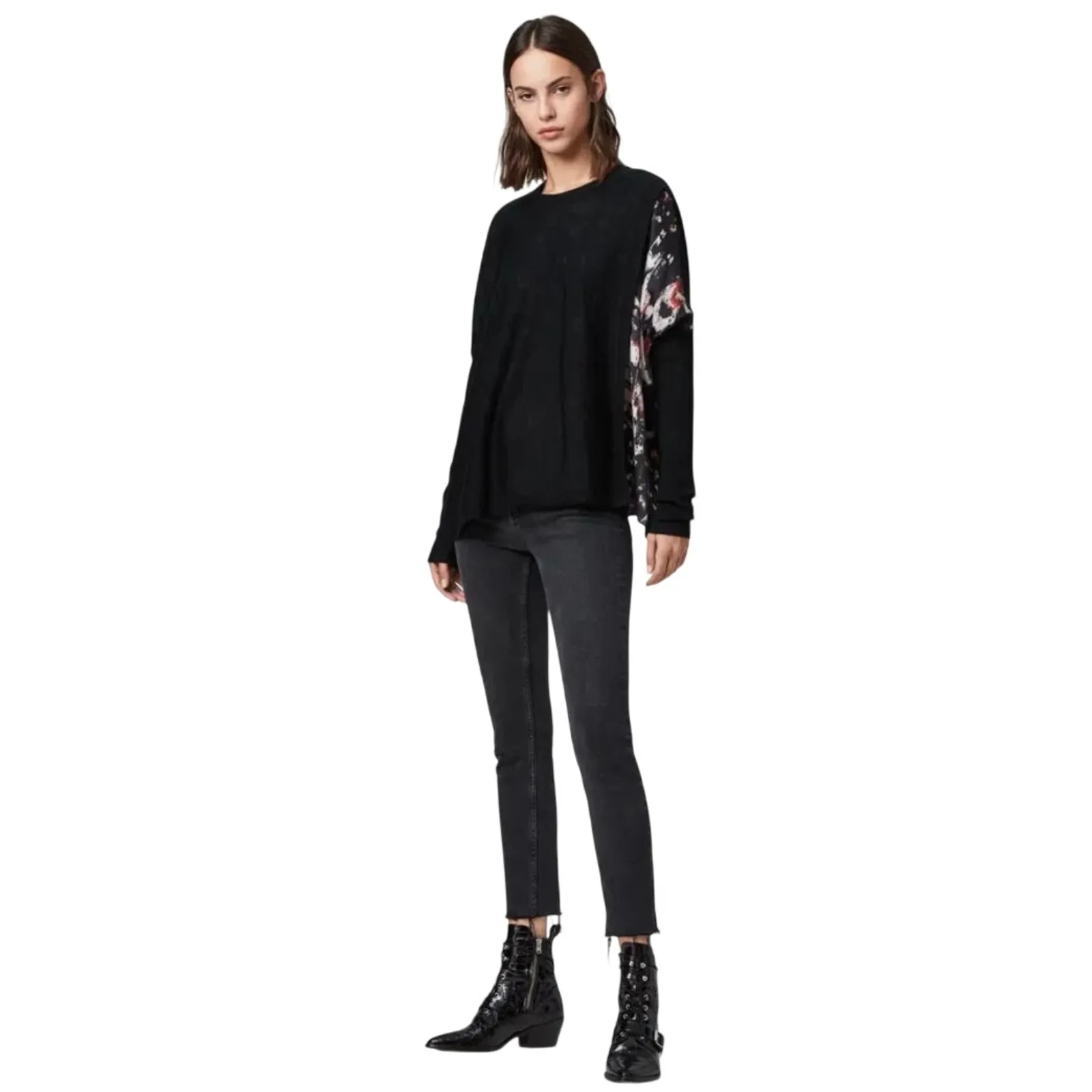 ALLSAINTS Women’s Koko Wing Wrap Merino Wool Mixed Media Sweater small Black - Image 4