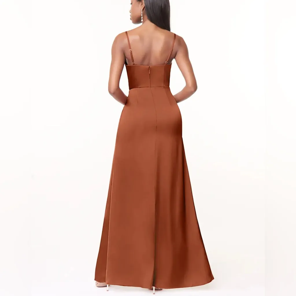 NWT Azazie Maci Bridesmaid Dress Size A6 Cedar Rose Pleated Stretch Satin Gown - Image 2