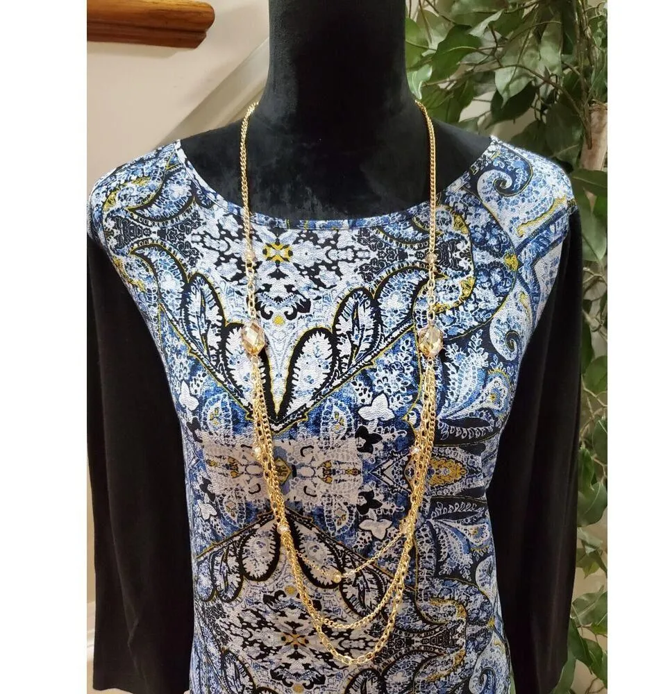 Jones New York Women Blue Paisley Polyester Round Neck Long Sleeve Top Shirt XL - Image 2