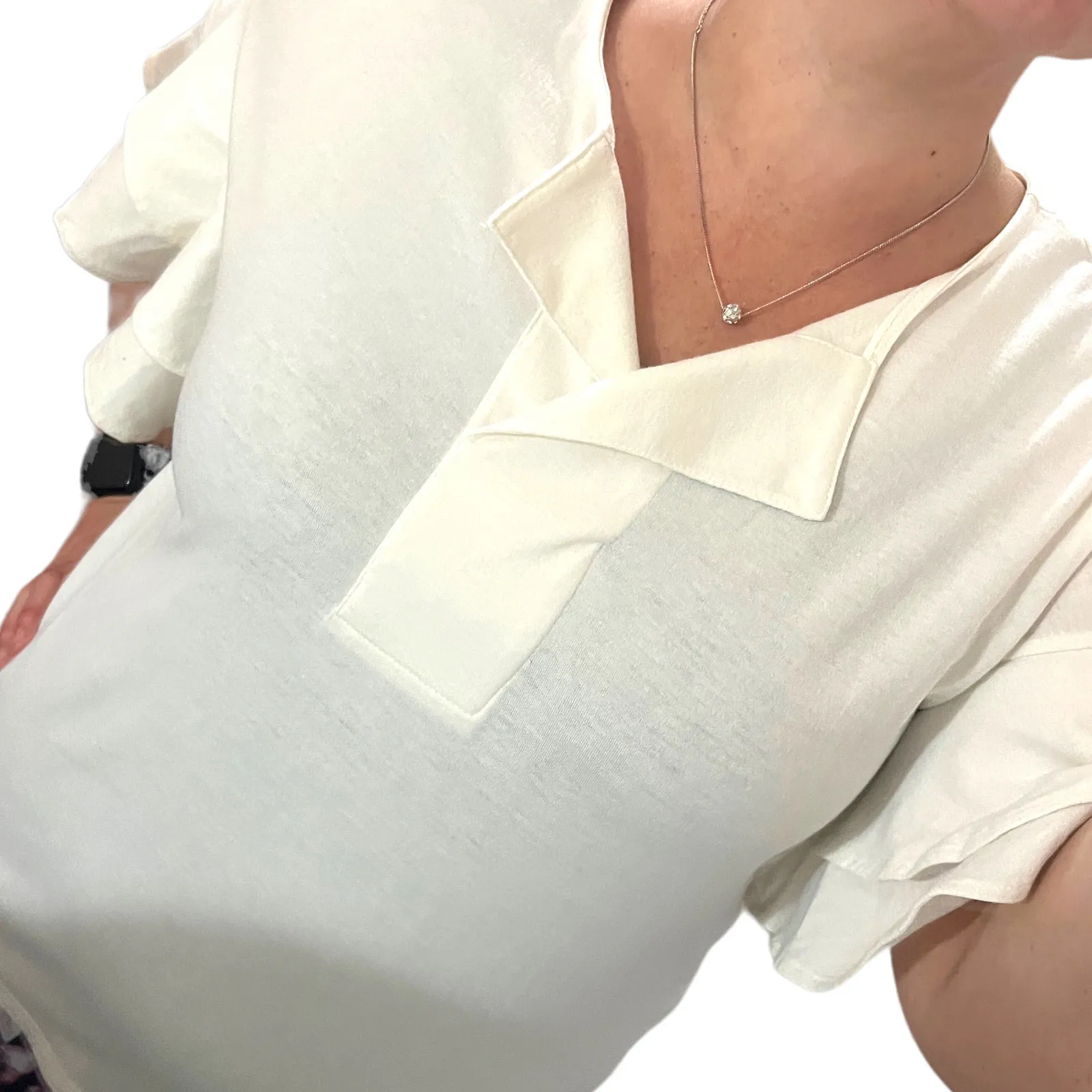 Worthington (M) Ruffle Short Bell Sleeve Split V Neck Blouse Tee Top Placket - Image 11