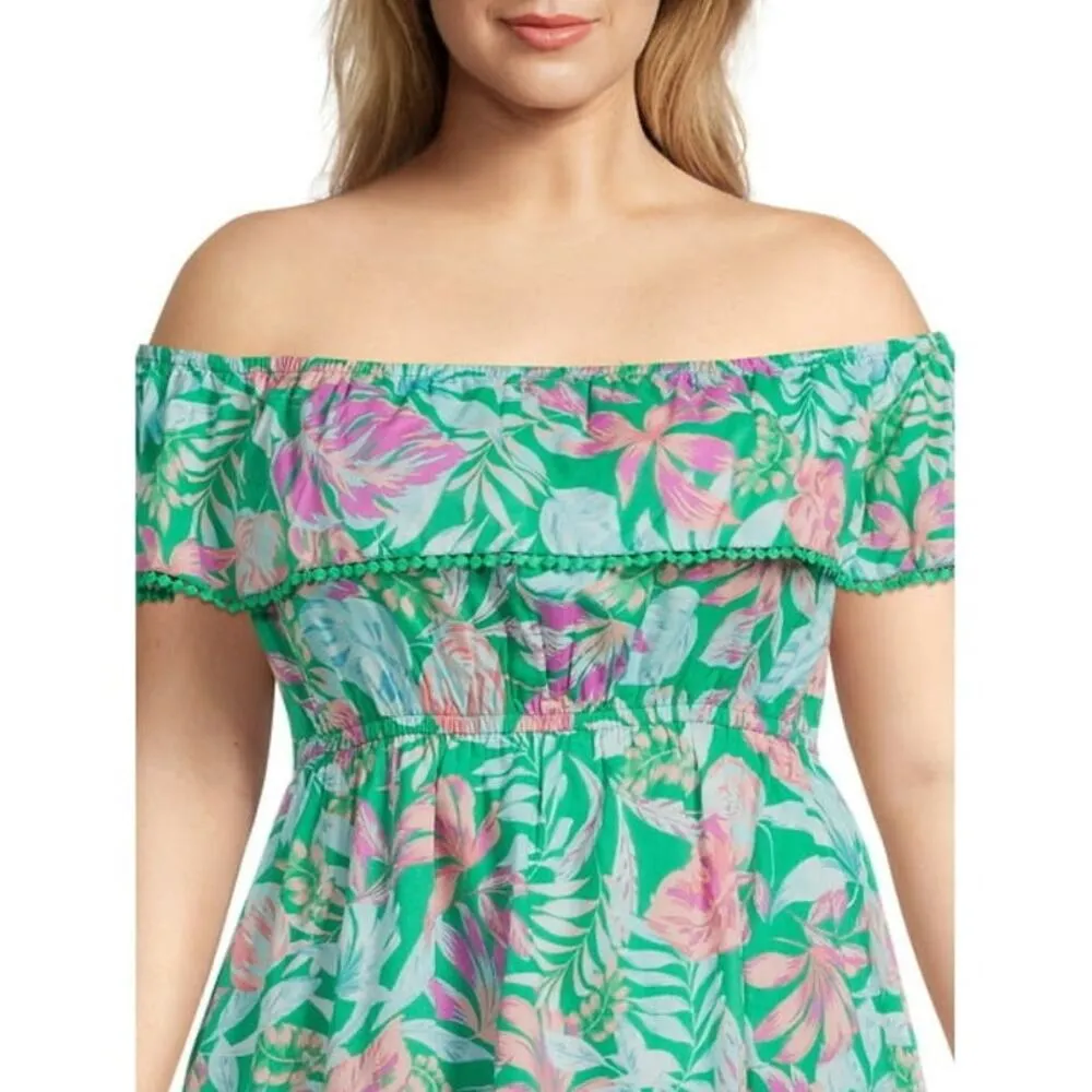 Terra & Sky Women's Plus Size Off Shoulder Dress 2X Tropical Summer/Orchid Bloom - Image 2