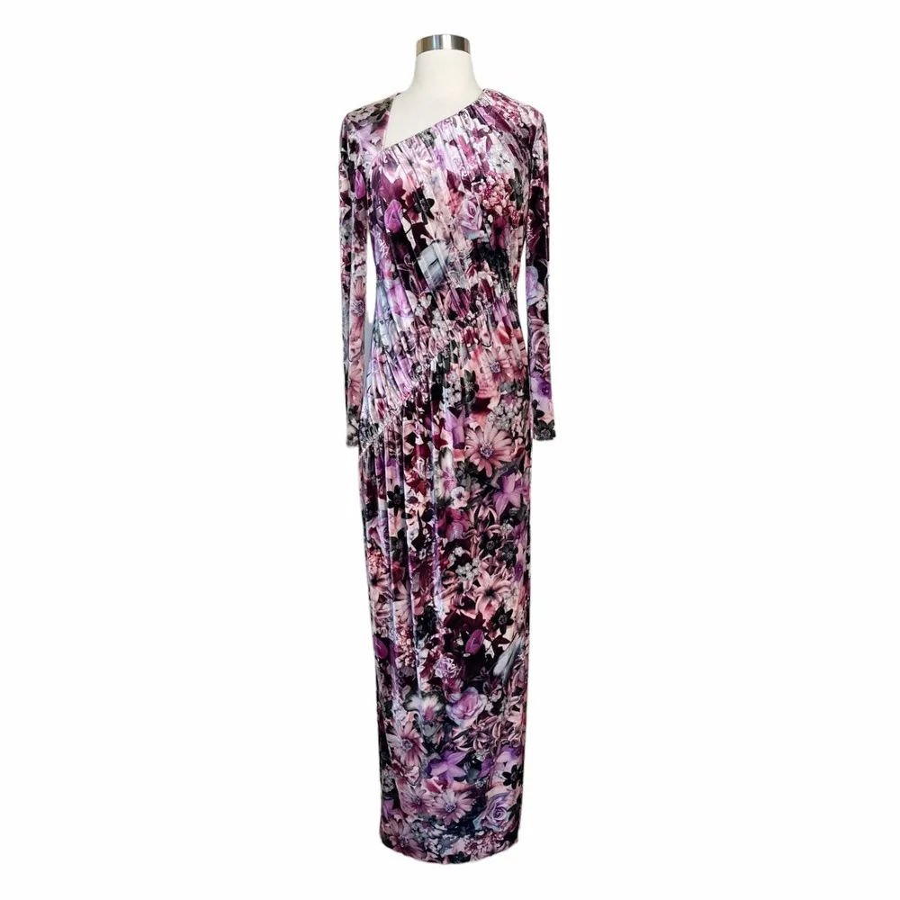 AIDAN MATTOX Velvet Dress Floral Maxi Stretch Multicolor Pink Long Sleeve 6 NWT - Image 11