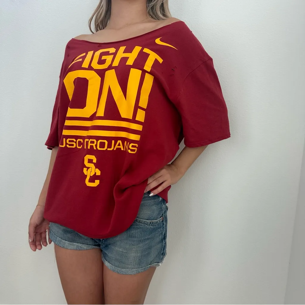 USC Trojans Fight On Burgundy off the shoulder T-shirt - Image 2