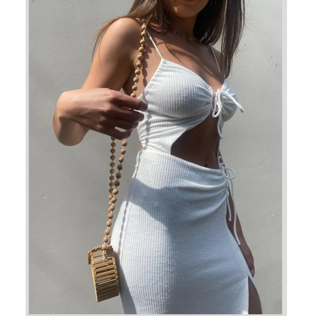 SABO Ribbed Cutout Halter Midi Dress White Tie Back Slit Size 4 - Image 4