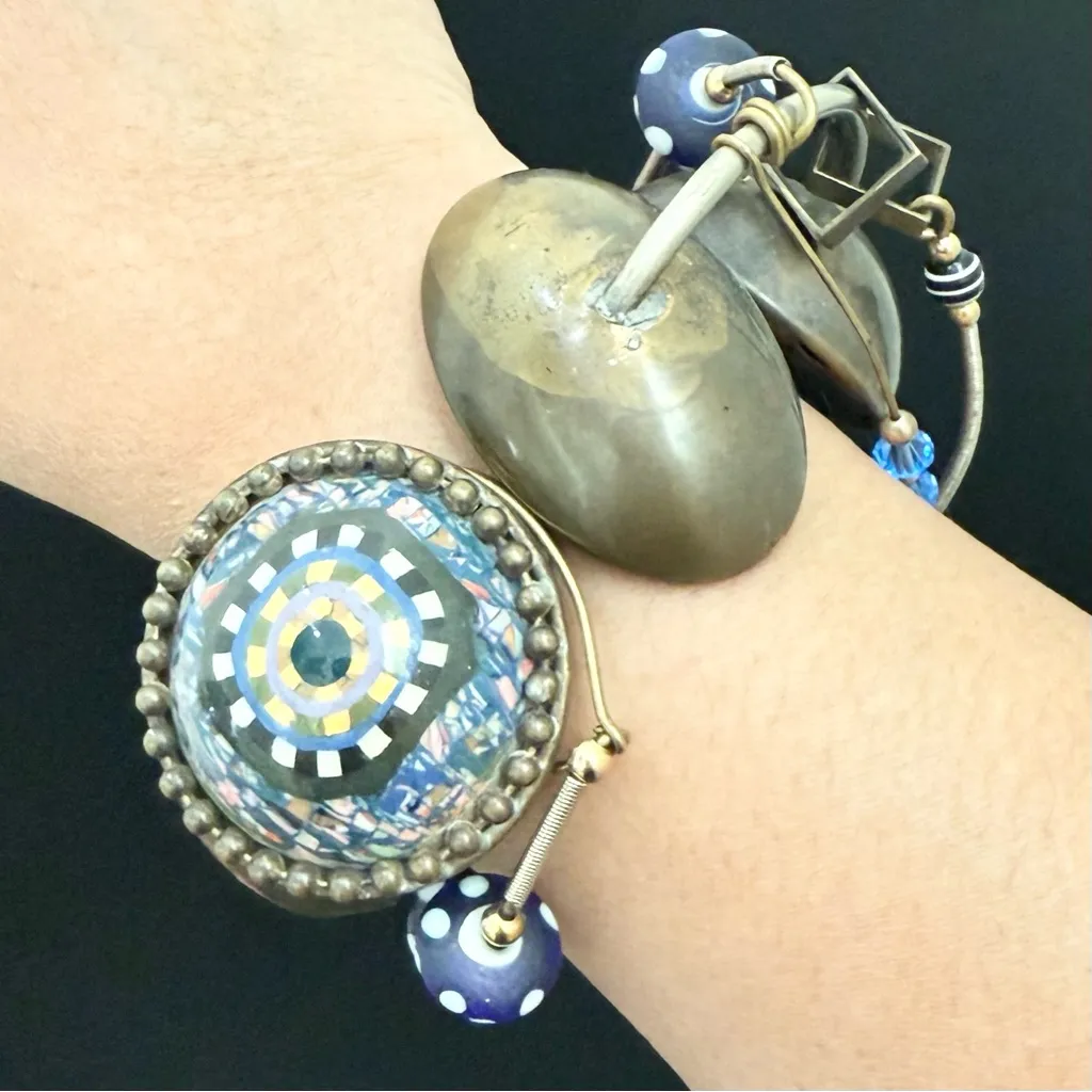 Unique Handcrafted Steam Punk Mixed Metal Chunky Hinged Bangle Bracelet 106.9g. Brown - Image 3