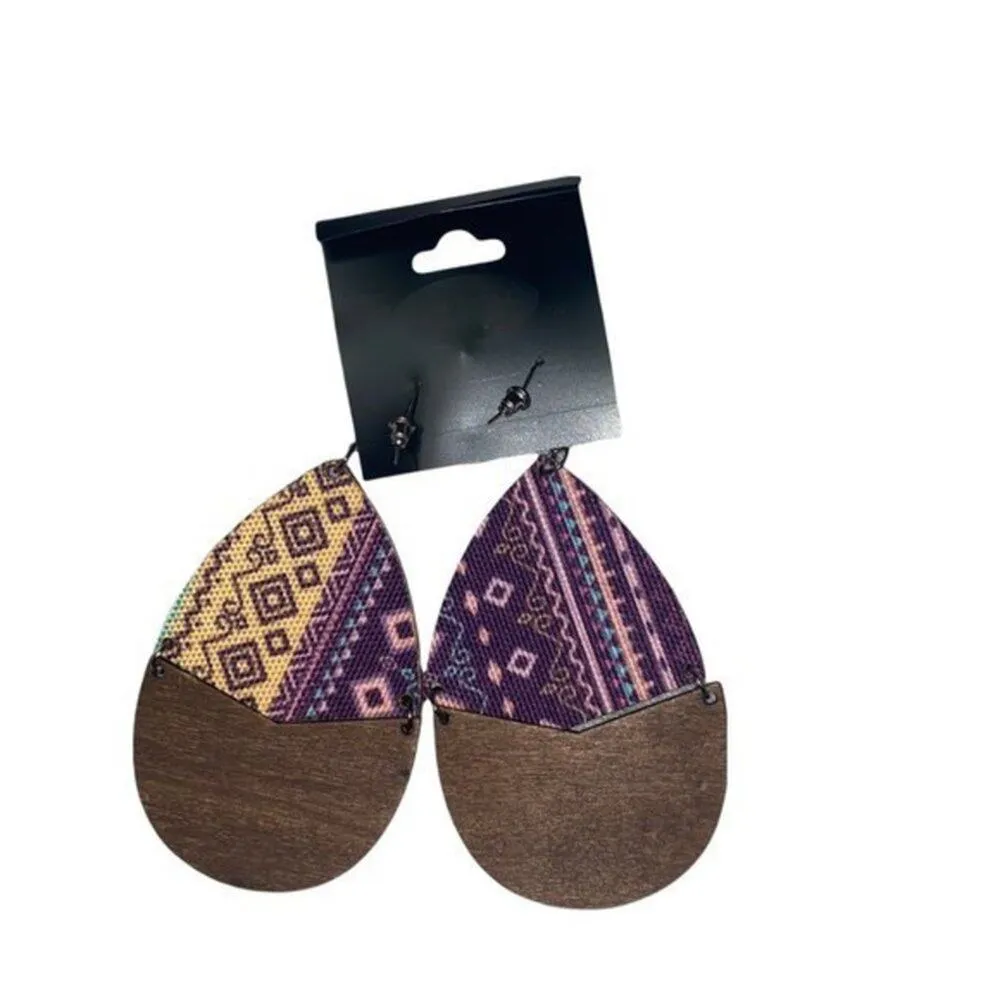 New NWT Wooden Fabric Covered Boho Aztec Dangle Earrings Purple Colorful - Image 4