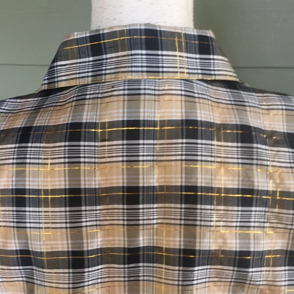 Anne Carson Gold Plaid Thin Zip Up Silk Jacket - Image 7