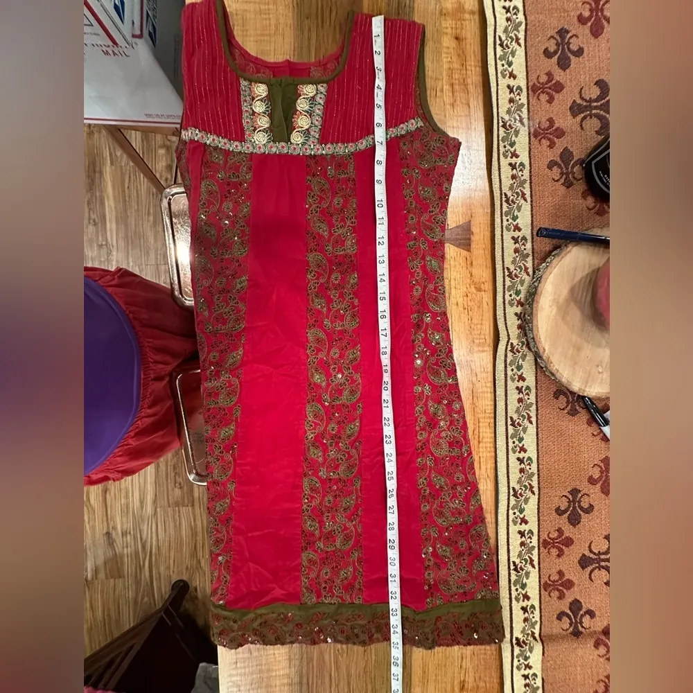 EUC original India cotton embroidery red mini dress or tunic top Size XS - Image 6