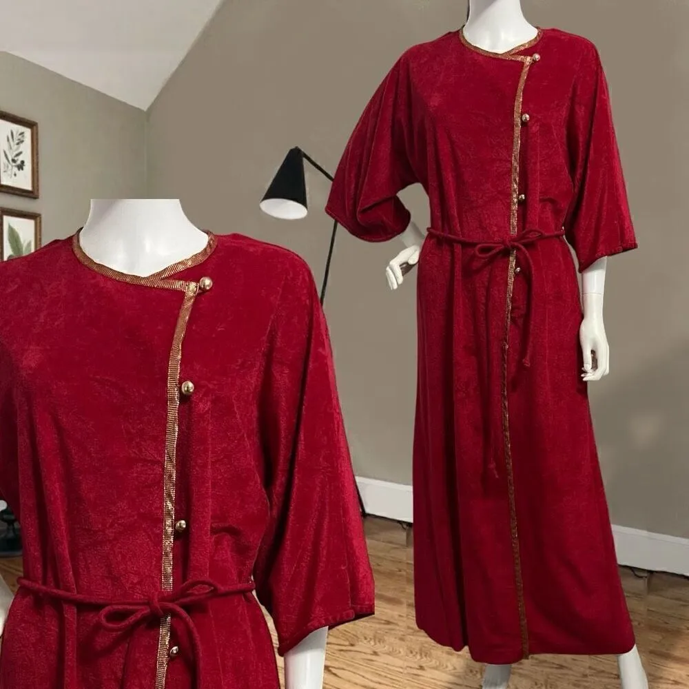 Vassarette Vintage Dark Red Velour Half Button Down Robe Sz M - Image 13