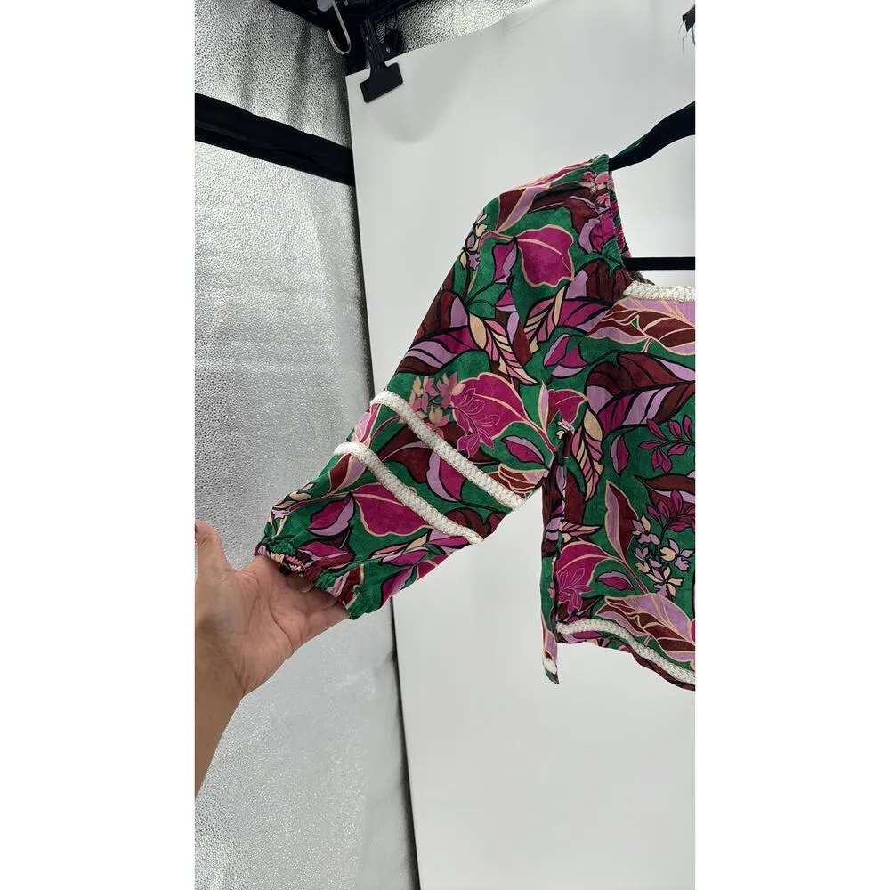 Cynthia Rowley tropical semi cropped linen puff sleeve on off shoulder top - Image 3