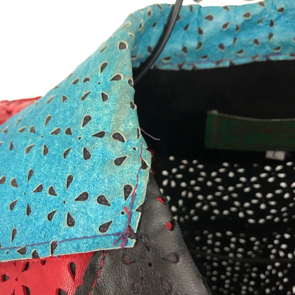 Vintage Grownbeans Red & Blue Leather & Suede Jacket with Asymmetrical Patchwork Size L - Image 8